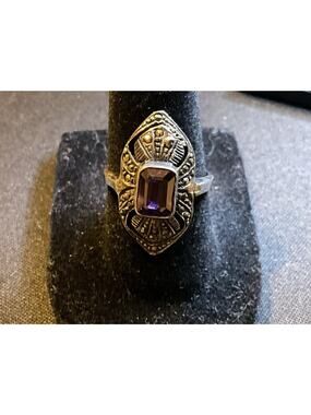 925 Sterling Silver Art Deco Amethyst And Marcasite Size 7.5